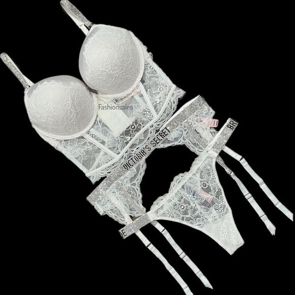 Victorias Secret BRIDAL Set Bombshell Add-2-Cups Corset bra garter thong 32D / S